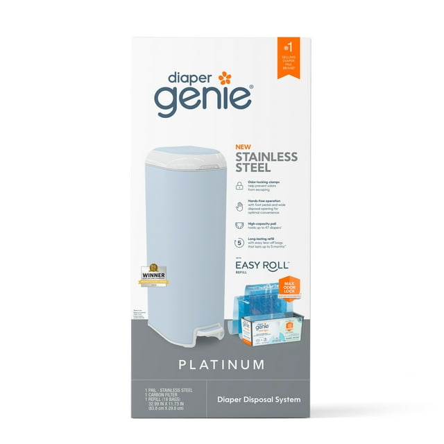 Diaper Genie Platinum Pail, Stainless Steel Diaper Pail, Includes 18