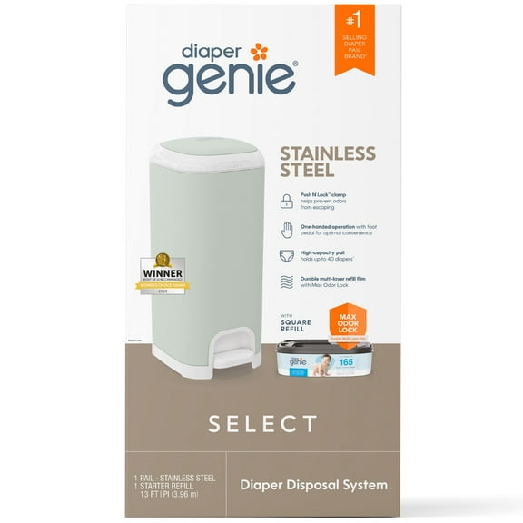 Diaper Genie Select Pail, Green,Stainless Steel, 1 Diaper Pail,1 Square Refill-165 Count, Infant