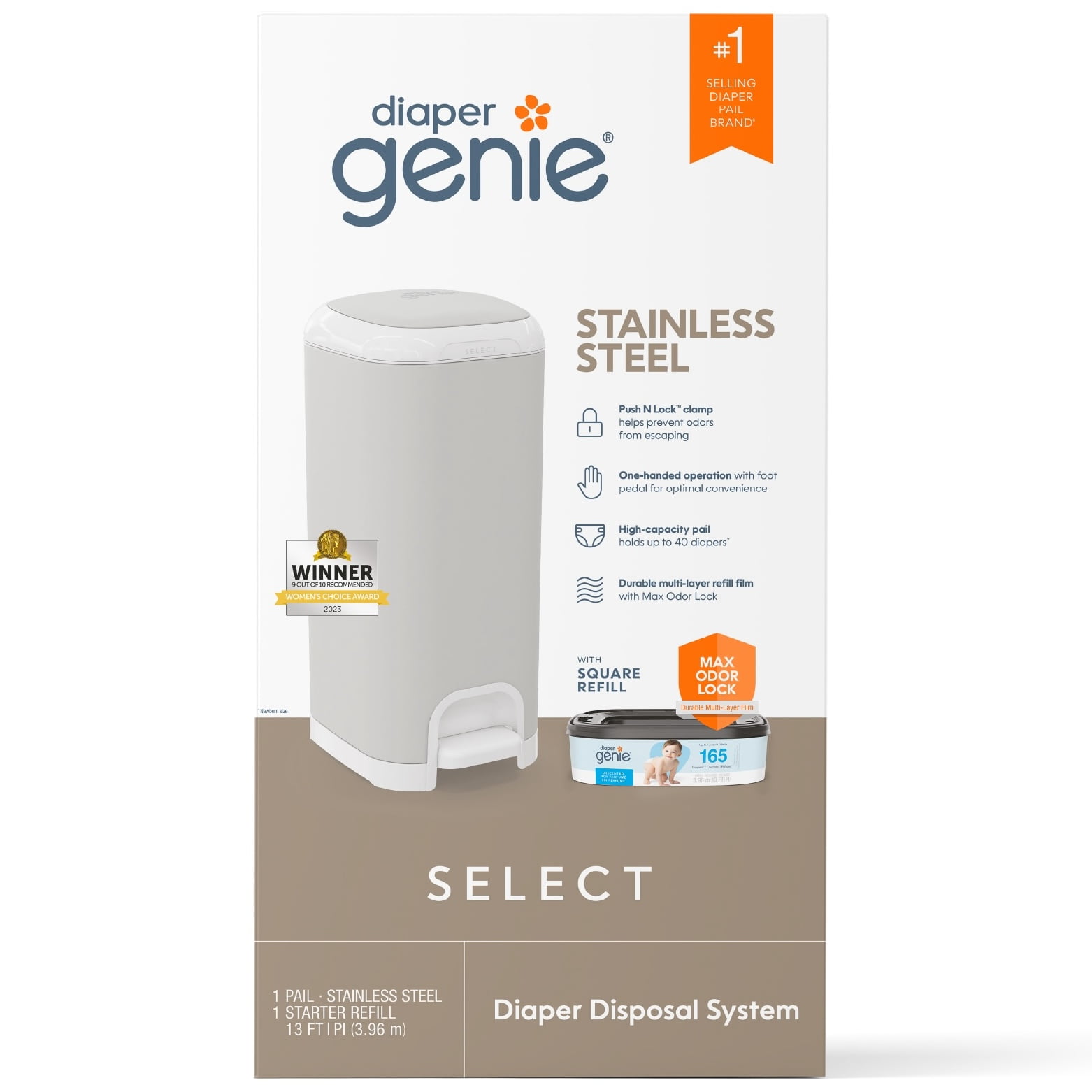 Diaper Genie Select Pail,Grey, Stainless Steel,1 Diaper Pail, 1 Square Refill - 165 Count, Infant