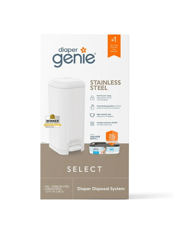 Diaper Genie Select Pail White, Stainless Steel, with Starter Refill 13 ft, 1 Count