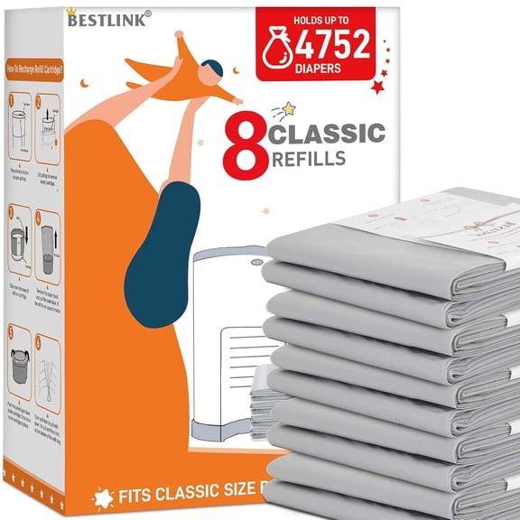 Diaper Pail Refill Bag Liners Compatible with DEKOR CLASSIC, 8 Pack, 20% Extra Length, Baby Scented Odor Protection, Holds up to 4752 Diapers
