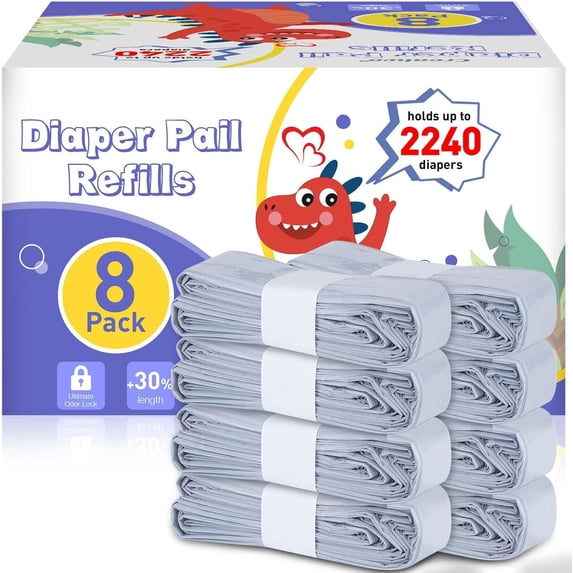 Diaper Pail Refill Bags 8 Pack Upgraded Odor Control Diaper Disposal Bag Compatible with All Diaper Trash Can, Compact Pail, Pails Diaper Pail Refills