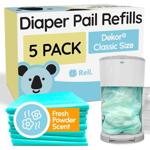Diaper Pail Refill Bags, Compatible with Dekor Classic (5 Pack) | Diaper Dekor Refills w/Powder Scent | Odor Blocking, Strong, Easy Replacement Bags | Holds up to 2475 Diapers