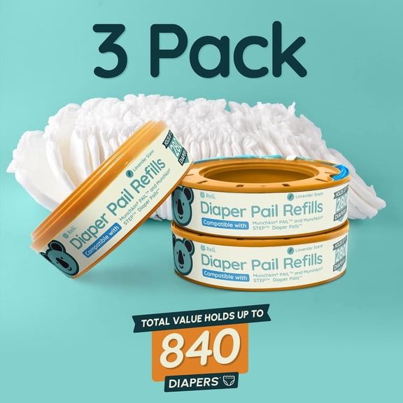 Diaper Pail Refill Bags, Compatible with Munchkin Step, Pail (3 Pack) | Pail Refills w/Lavender Scent | Odor Blocking, Strong, Easy Replacement | Holds up to 840 Diapers
