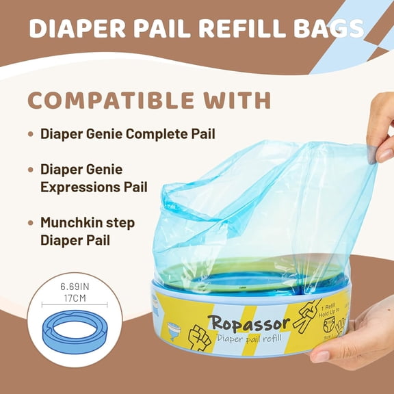 Diaper Pail Refill Bags for Genie Complete/Expressions & Munchkin Step Diaper Pail (840 count) 1 Cassette+3 refills, 7-Layer Odor-Absorbing, Disposable Diaper Poop Bags, Baby essentials