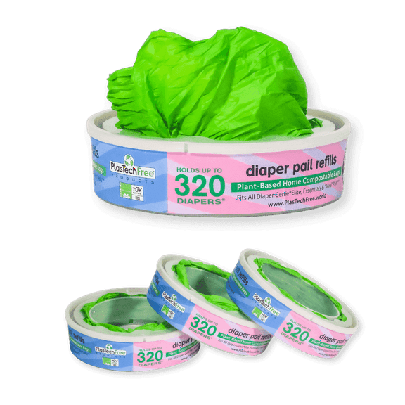 Plastech Products Diaper Pail Refill Ring Canisters, 3 Count - Zero Plastic, 100% Certified Home Compostable Bags, Plant-Based, Green