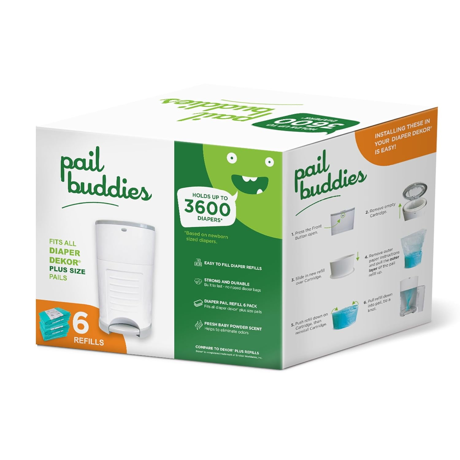Diaper Pail Refills | 6 Count Value Pack Holds 3,600 Diapers | Compatible with Dekor Plus Diaper Pail | Strong, Durable Refill Bags with Odor Eliminating Baby Powder Scent