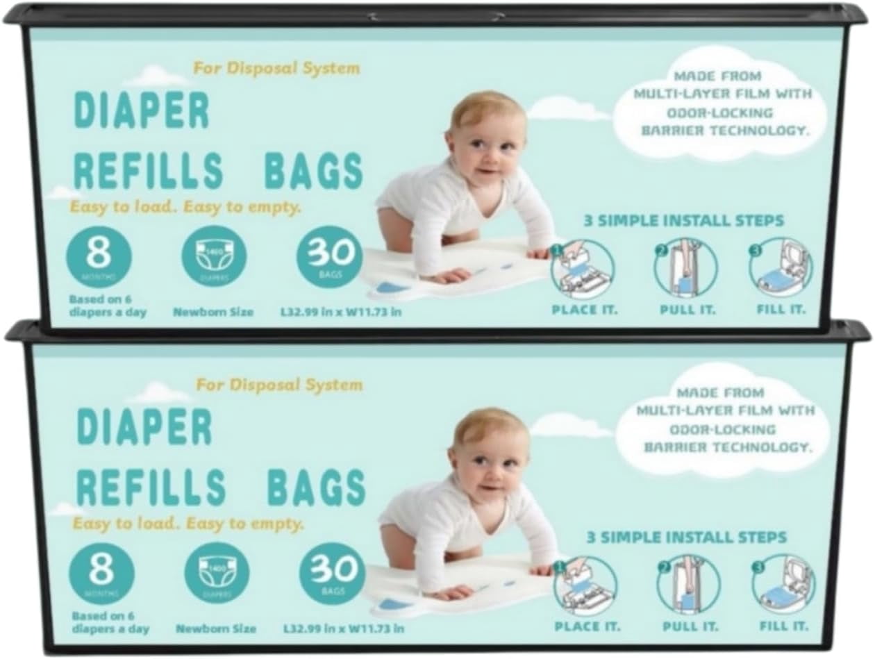 Diaper Pail Refills Bags with 30 Bags Compatible with Genie Easy Roll Signature and Platinum Diaper Pails, 7-Layer Odor-Barrier Technology-2 Packs