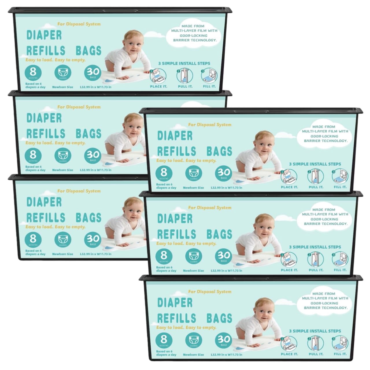 Diaper Pail Refills Bags with 30 Bags Compatible with Genie Easy Roll Signature and Platinum Diaper Pails, 7-Layer Odor-Barrier Technology-6Packs