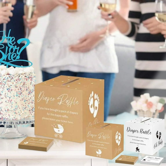 Diaper Raffle Ticket Set with Card Box | 50 Pack Baby Shower Game Coupons | Sturdy Cardboard Paper | Gender Reveal Party Decoration | Cute Design | 7.48 Inch Box