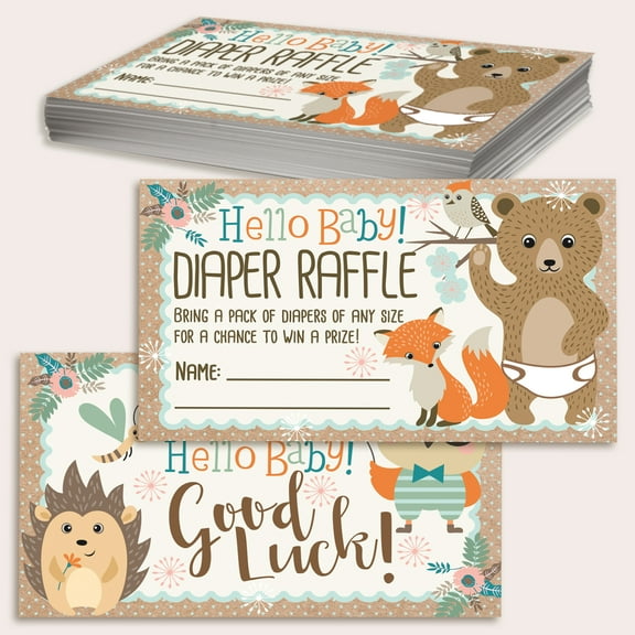 Diaper Raffle Tickets - Woodland Babes - Set of 50 Double-Sided Raffle Cards - Blank Baby Shower Stationery - Fun and Colorful Baby Shower Supplies for Under $15!