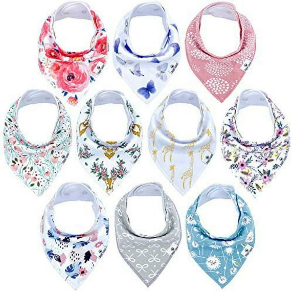 Diaper Squad Girly Design 10-Pack Organic Baby Bandana Drool Bibs - Baby Bibs for Girls, Boy, Unisex Soft Cotton Teething Bandana Bibs