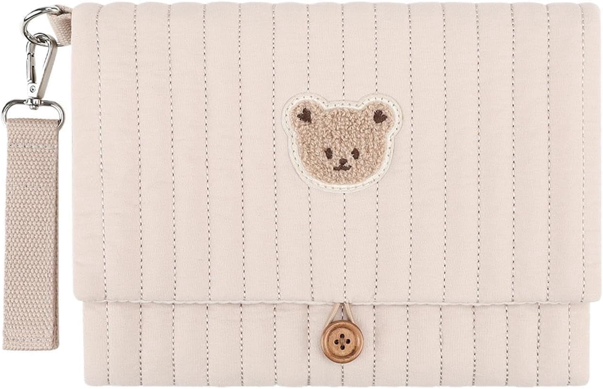 Diaper and Wipes Pouch | Cute Bear Embroidery Foldable Pouch | with Stroller Strap Compartment Diaper Bag Organizers | for