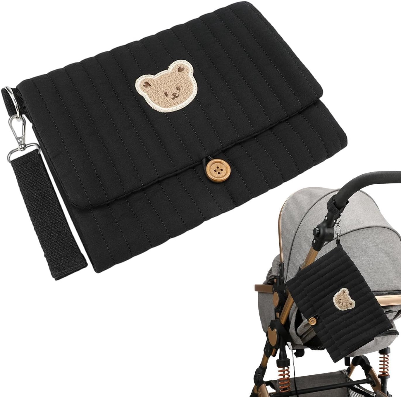 Diaper and Wipes Pouch | Cute Bear Embroidery Foldable Pouch | with Stroller Strap Compartment Diaper Bag Organizers | for