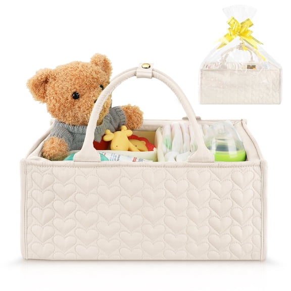 Baby Diaper Caddy, Soft Quilted Fabric Nursery Storage Organizer with Dividers & Side Pockets, Foldable Portable Changing Basket, Ideal Baby Shower Gift for Newborn