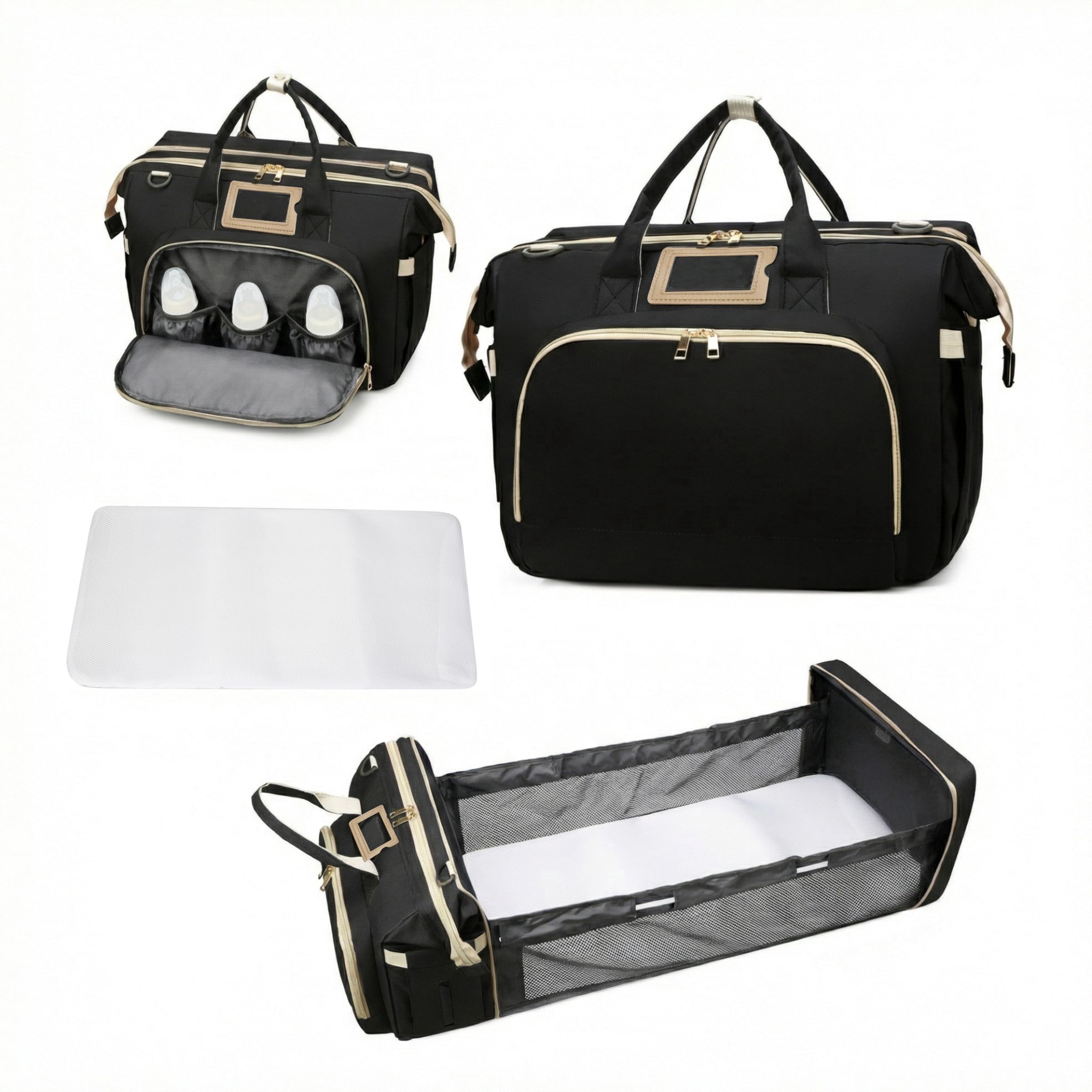 Diaper changing bag, multi-functional baby changing bag, includes insulated bottle holder, essential for baby travel, large capacity travel backpack with USB charging port and stroller strap (black).