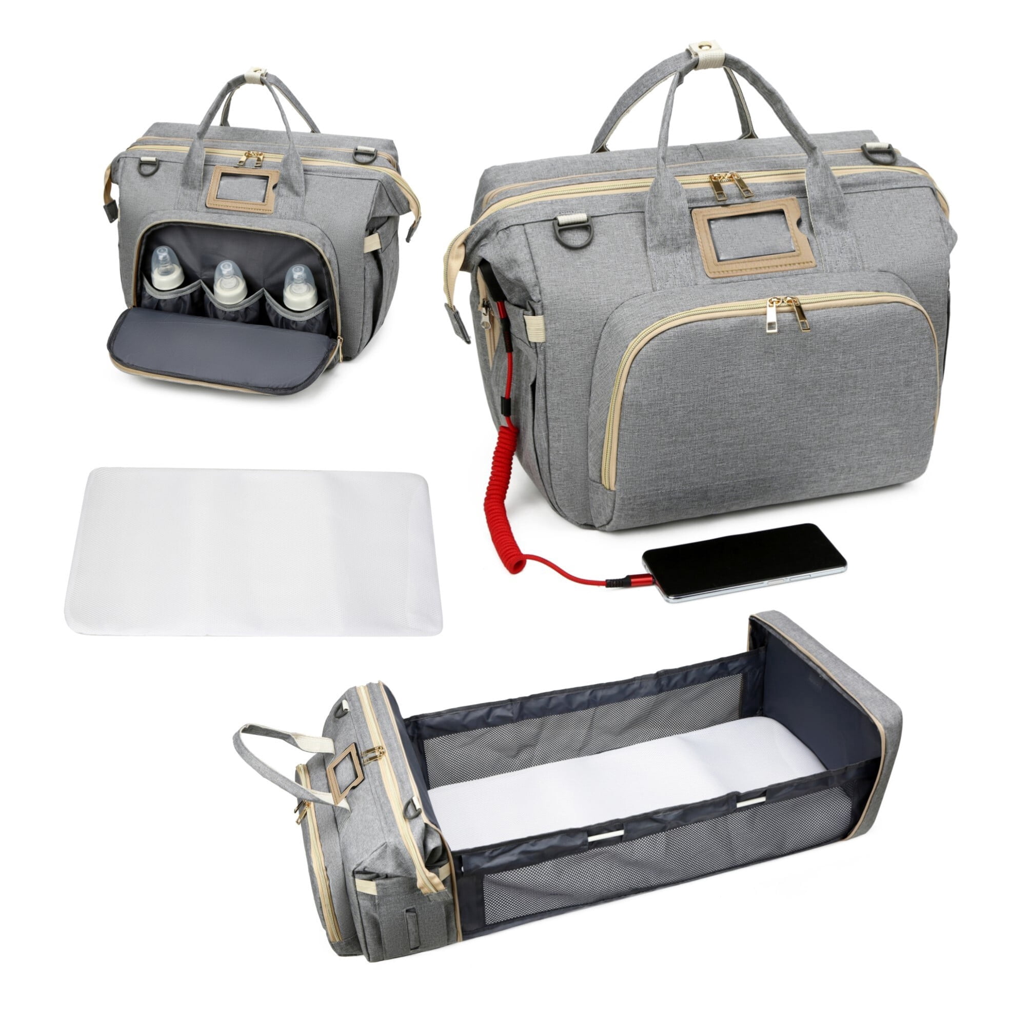 Diaper changing bag, multi-functional baby changing bag, includes insulated bottle holder, essential for baby travel, large capacity travel backpack with USB charging port and stroller strap (gray).