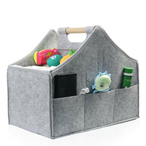 Diaper storage box, Baby diaper caddy organizer, car felt caddy, baby product storage basket, solid wood handle, detachable partition storage basket for daycare,Best Gift Basket for Babies( grey)