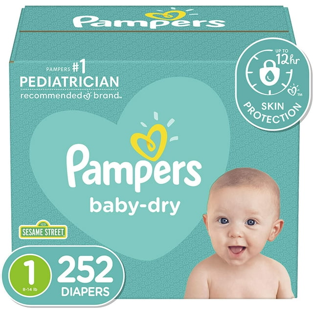 Pampers Newborn Size 1 (814 lb), 252 Count Baby Dry Disposable