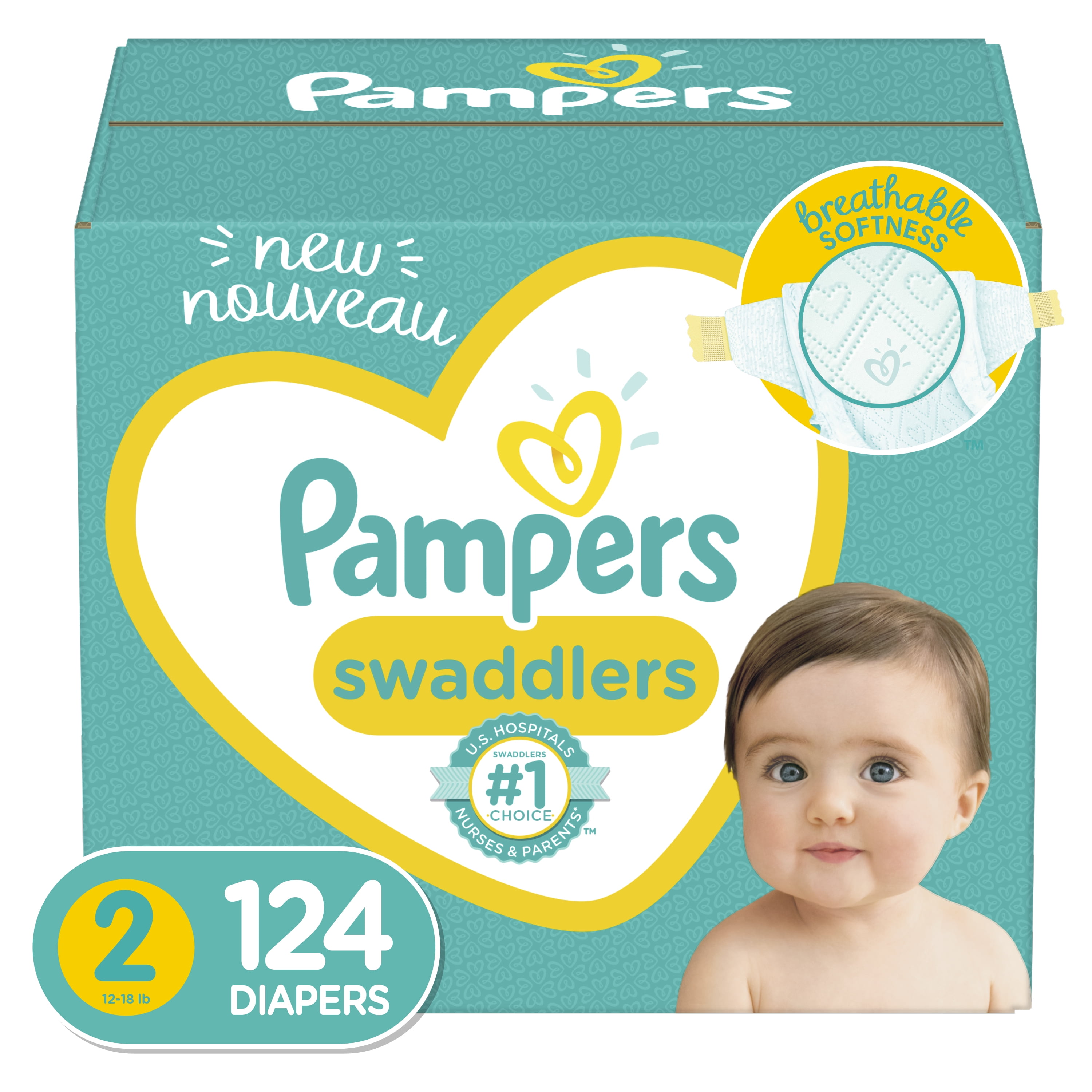 Pampers Swaddlers Diapers Size 2, 124 Count, 2x Softer, 12Hrs
