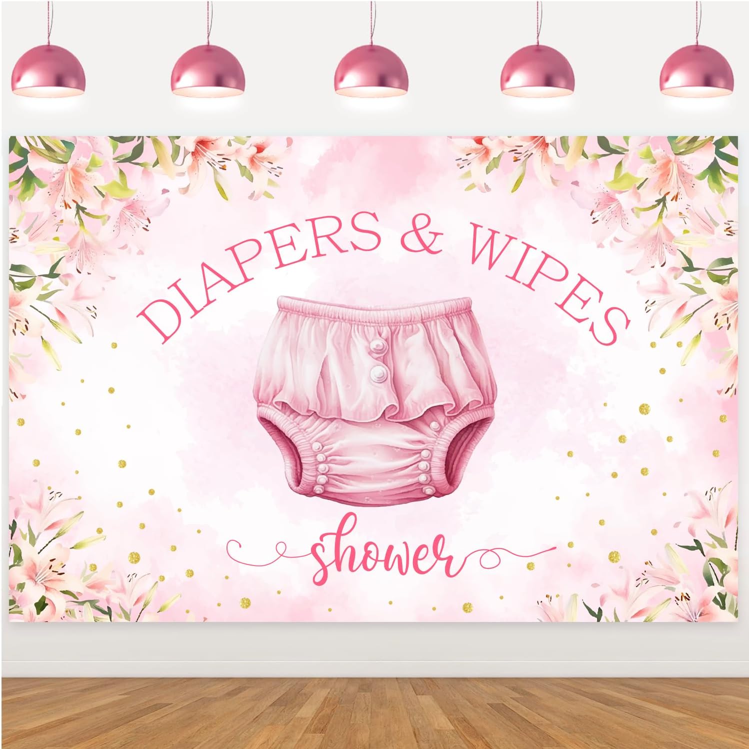 Diapers & Wipes Theme Backdrop Baby Shower Party Decorations Pink Diaper Floral Photograph Background Banner Photo Booth Props for Girls Diaper Theme Baby Shower Party Decor Supplies 5x3ft