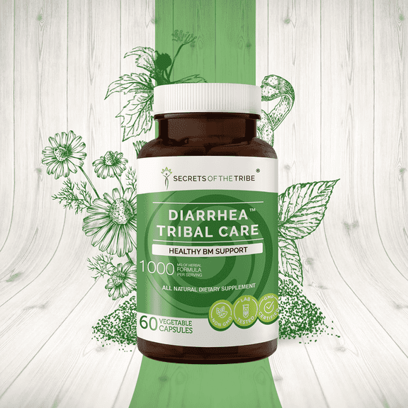 Secrets of the Tribe Diarrhea Tribal Care Capsules Dietary Supplement, Natural Herb Blend, Made from Blackberry, Slippery Elm, Red Raspberry, Chamomile, Orange, Goldenseal. 60 Count