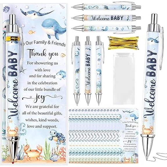 Diartpaint 30 Set Baby Shower Ballpoint Pens Bulk for Guests Retractable Black Ink Pens Thank You Cards Gender Reveal Prizes Souvenirs Guest Game Prizes Party Favors Gift for Guests (Under The Sea)