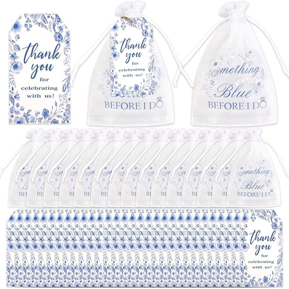 Diartpaint 50 Sets Bridal Shower Organza Bags Set, Something Blue Before I do Drawstring Bags with Tags String, Thank You Tags Candy Mesh Pouches for Wedding Bridal Shower Party Decor (Blue Flower)