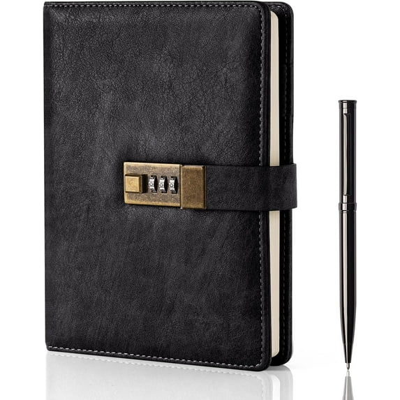Diary with Lock, A5 PU Leather Journal with Lock 240 Pages, Vintage Locks Journal Password Notebook with Pen, Locks Diary Planner Organizer for Men and Women, 8.6x5.8in Black
