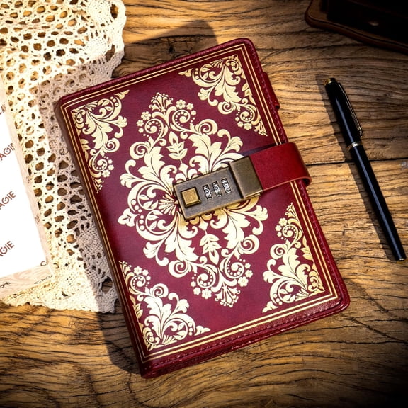 Diary with Lock for Women Men 224 Pages Vintage Leather Journal with Lock Refillable Personal Secret Locking Journal with Gift Box, Red$$Office
