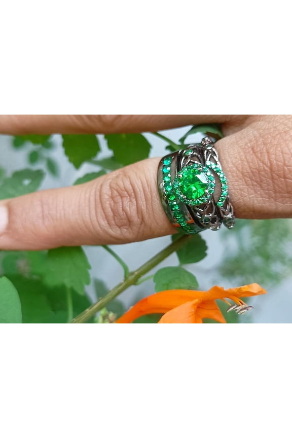 14K Black Gold Finish Silver Round Cut Green CZ Wedding Trio Ring Set