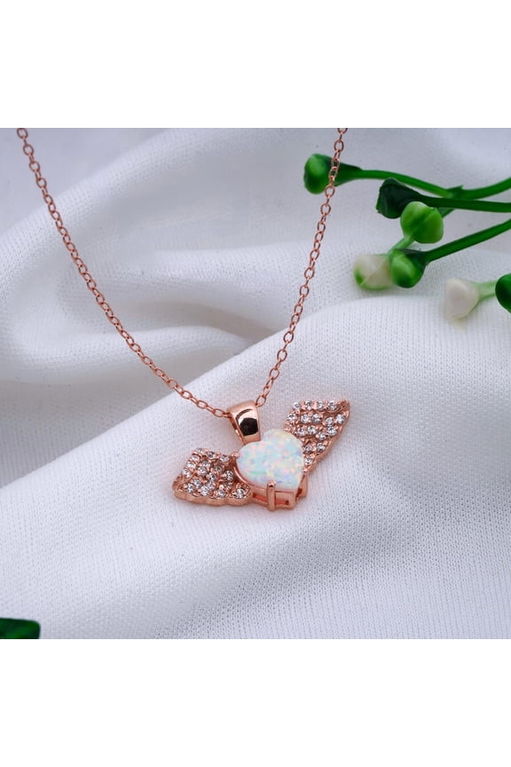 14K Rose Gold Finish Silver Heart Lab Created Fire Opal Women's Angel Wing Pendant 18"