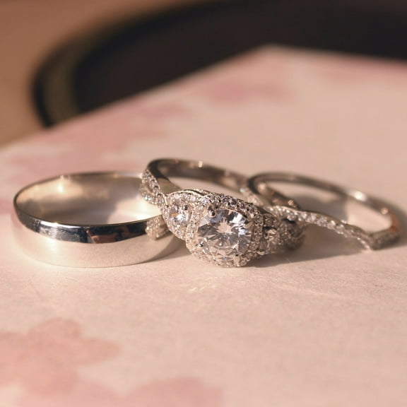 Diastar Jewels 14K White Gold Finish Silver Round Cut CZ His & Her Trio Ring Set