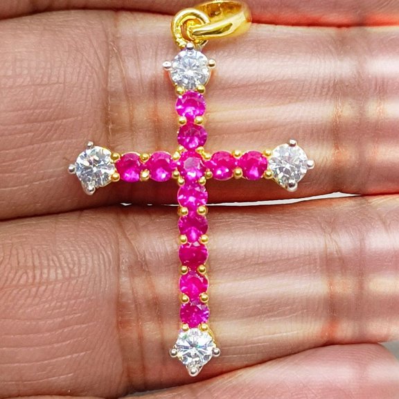 Diastar Jewels 14K Yellow Gold Finish Silver Round Cut Pink CZ Cross Pendant Necklace