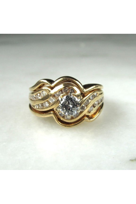 14K Yellow Gold Plated Lab Created Diamond Wedding Engagement Bridal Ring Set
