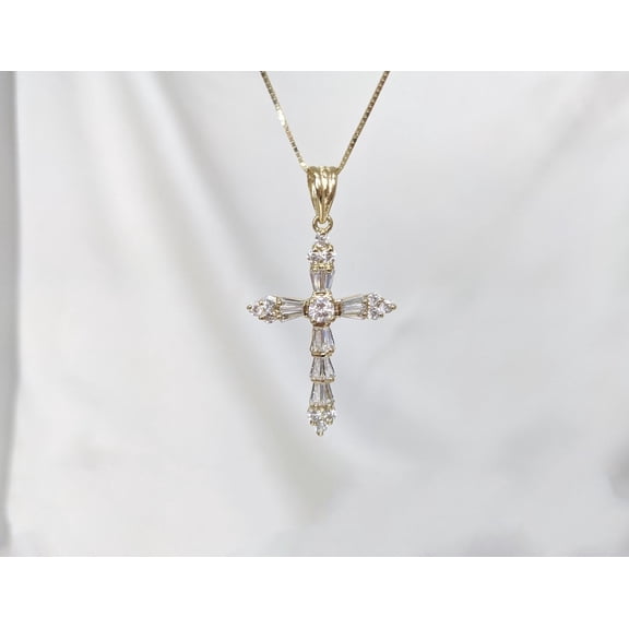 Diastar Jewels 14k Yellow Gold Plated Cross Pendant Necklace, Baguette Cross Pendant, Elegant Cross, Cross Charm, Religious Pendant, Baptism Gift