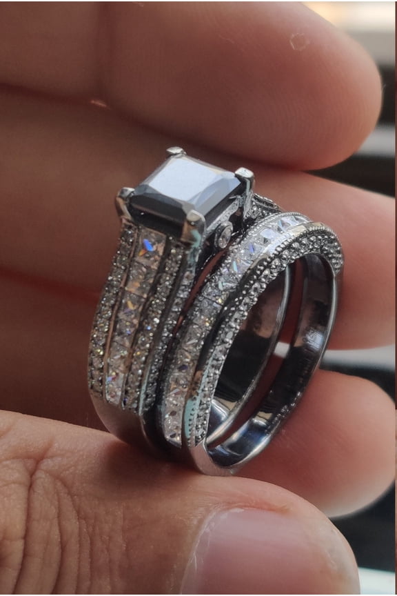 3.50 CT Black Cubic Zirconia Ring Set Trio Ring Set Engagement Ring Wedding Band Set Gift To Bride