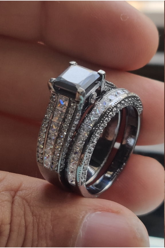 3.50 CT Black Cubic Zirconia Ring Set Trio Ring Set Engagement Ring Wedding Band Set Gift To Bride