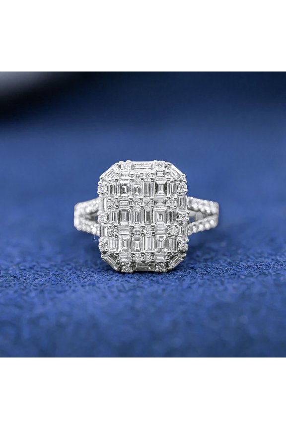 Baguette & Round Cut CZ 14K White Gold Finish Silver Engagement Wedding Ring