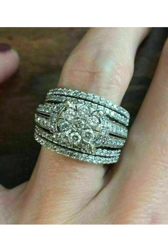 Big Cluster 4 TCW Cut White Cubic Zirconia His & Women Wedding Bridal Gorgeous Trio Ring Set 14k White Gold Plated