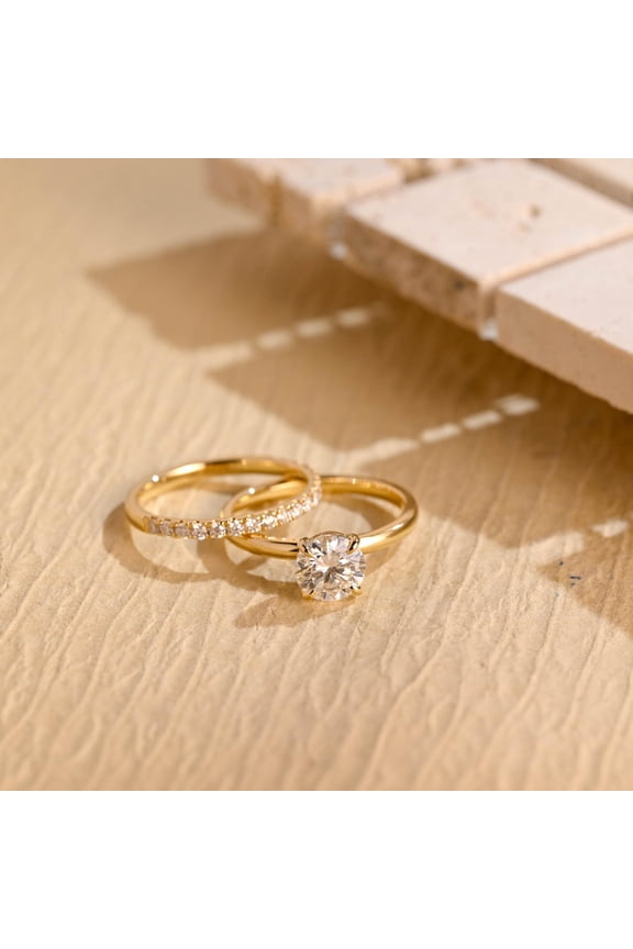 Bridal Ring Set Round Cut Cubic Zirconia, 14K Yellow Gold Finish, Engagement & Wedding Bands for Women