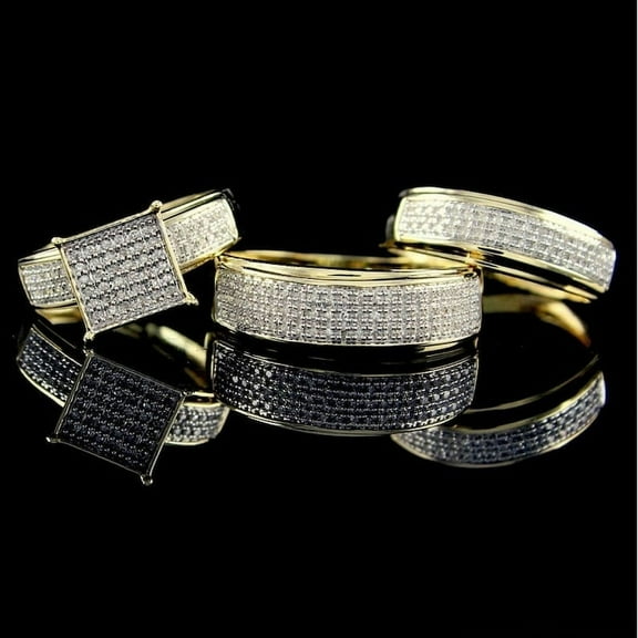 Diastar Jewels CZ Trio Rings For Couple, 14K Gold Finish His & Her Engagement Rings, Bridal Ring Set, Best Wedding Bands for Men and Women Ring