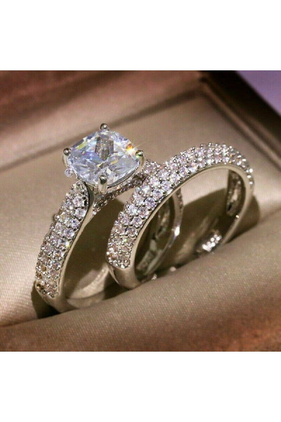 Cushion Cut CZ Engagement Band Ring Set For Women, Wedding Curved Anniversary Promise Ring Gift,Bridal Promise Ring