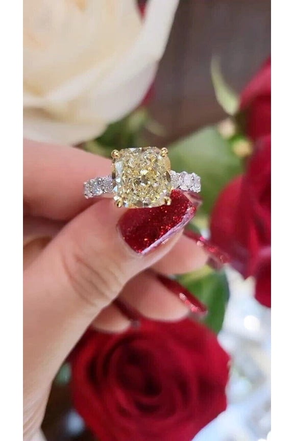 Cushion Cut Yellow Cubic Zirconia Engagement Ring, Fancy 14k White Gold Plated Ring For Her, Promise Ring, Cushion Cut Wedding Ring Anniversary Ring