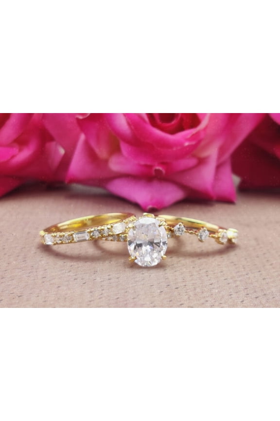 Engagement Wedding Bridal Ring Set Oval Cut Cubic Zirconia 14K Yellow Gold Finish