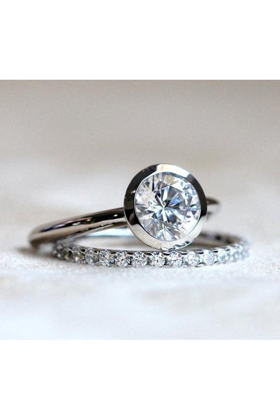 Engagement Wedding Bridal Ring Set Round Cut Cubic Zirconia 14K White Gold Finish Silver