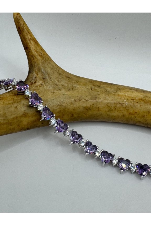 Heart Cut Purple Cubic Zirconia 14K White Gold Finish Silver Tennis Bracelet