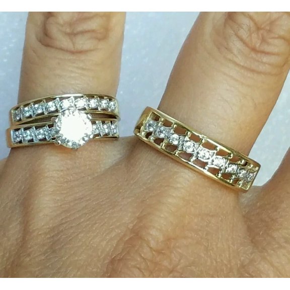 Diastar Jewels His & Her Trio Ring Set Round Cut Cubic Zirconia 14K Yellow Gold Finish