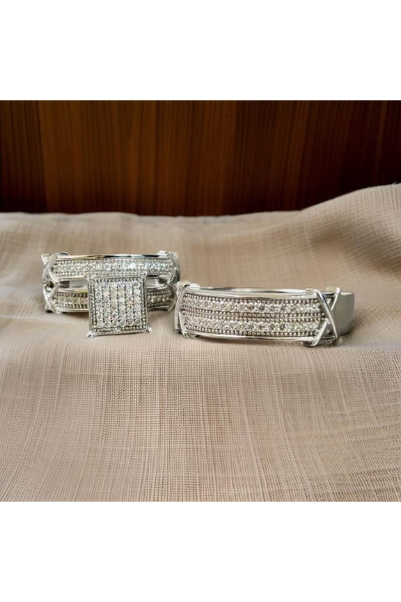 His and Her Wedding Trio Ring Set, CZ Silver Engagement Anniversary Trio Ring Set, Couple Ring, Bridal Ring Set