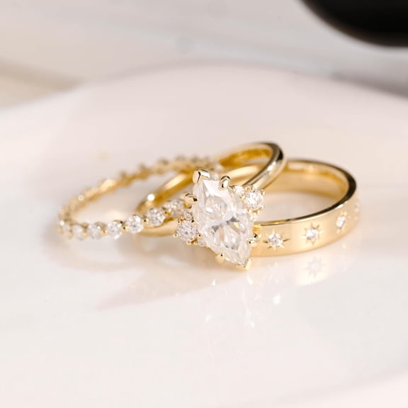 Diastar Jewels Marquise Cut Cubic Zirconia 14K Yellow Gold Finish Wedding Trio Ring Set